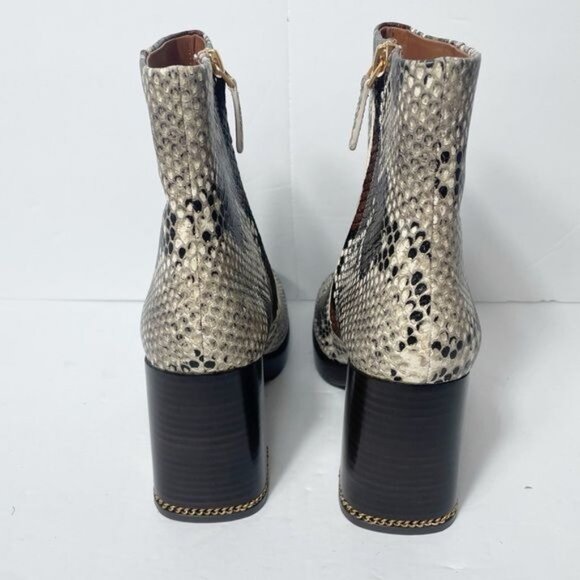 Tory Burch Ruby Python-Embossed Ankle Boots Size 8 Aspen Block Heel Chain Accent - Picture 8 of 13